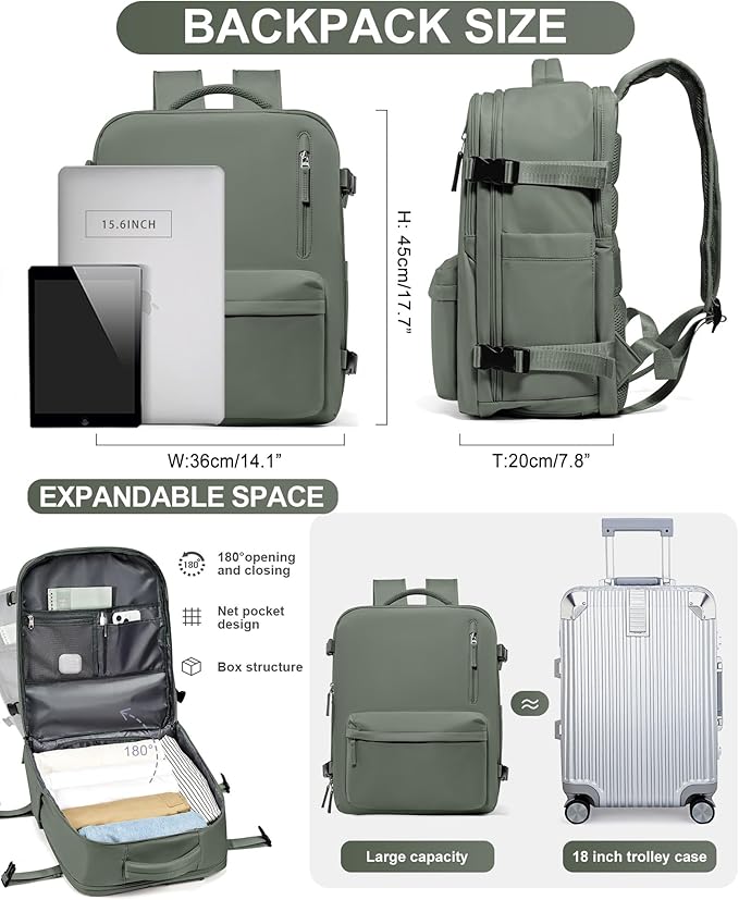 WONHOX Large Travel Backpack Women,Carry On Backpack Flight Approved 18x14x8 inches Bag Spirit Airlines Personal ltem,College Sports Hiking Rucksack Laptop Blackpack mochila de viaje,Green