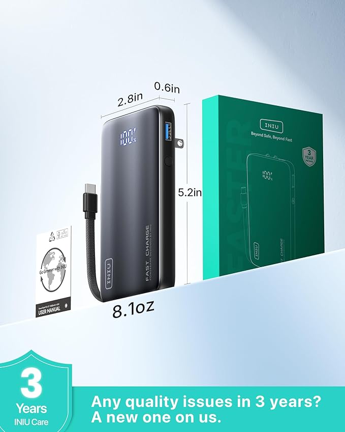 INIU 3-in-1 Portable Charger, 45W 10000mAh Fast Charging Power Bank, Built-in USB C Cable & Foldable Wall Plug, Travel Essentials, Battery Pack for iPhone 17 16 15 Series, Samsung, MacBook, etc. Green