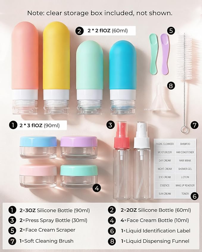 17 Pack Travel Bottles for Toiletries, TSA Approved Leak Proof Silicone Travel Containers for Toiletries with Label-Dopamine Color