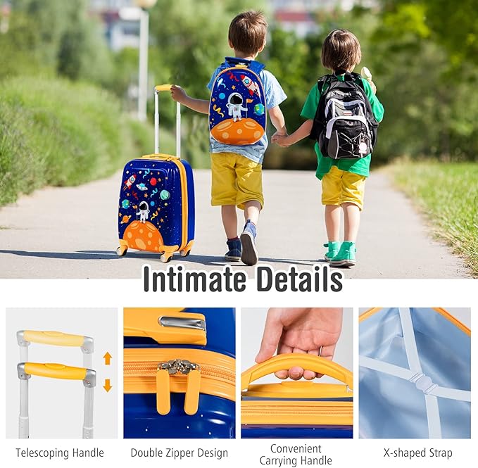 BABY JOY 2 PC Kids Carry On Luggage Set, 18" Toddler Trolley Case & 12" Backpack with Hard Shell & Rolling Wheel Design, Kids Suitcase for Boys Girls (Astronaut)