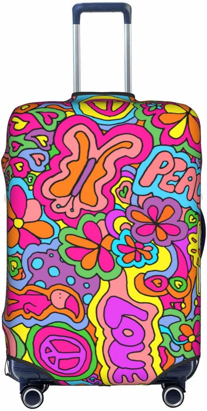 Travel Luggage Cover Suitcase Protector, Peace Sign Psychedelics Trippy Washable Elastic Stretchy Anti-scratch Travel Luggage Sleeve with Concealed Zipper for Wheeled Suitcase Fits 18-21 Inch Luggage