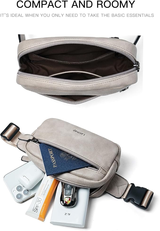 LATMAP 2L Fanny Packs Everywhere Belt Bag Small Fashion Crossbody Waist Pack Faux Leather Waterproof Sling Chest Bag For Women Trendy Grey