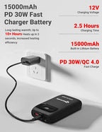 ANTARCTICA GEAR 15000mAh 12V Portable Battery, PD 30W and QC 4.0 Fast Charger Battery, LED Display Rechargable Power Bank for Heated Vests/Jackets/Hoodies ect