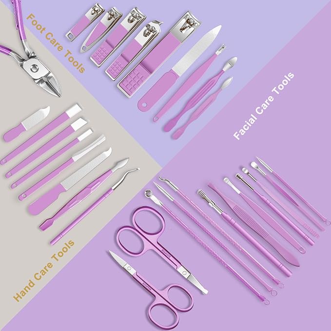 Manicure kit for Women Personal Nail Care Kit, 30 in 1 Professional Stainless Steel fingernail and toenail Clippers,Pedicure Kit and Beauty Tools Portable Set with Luxurious Travel Case (Purple)