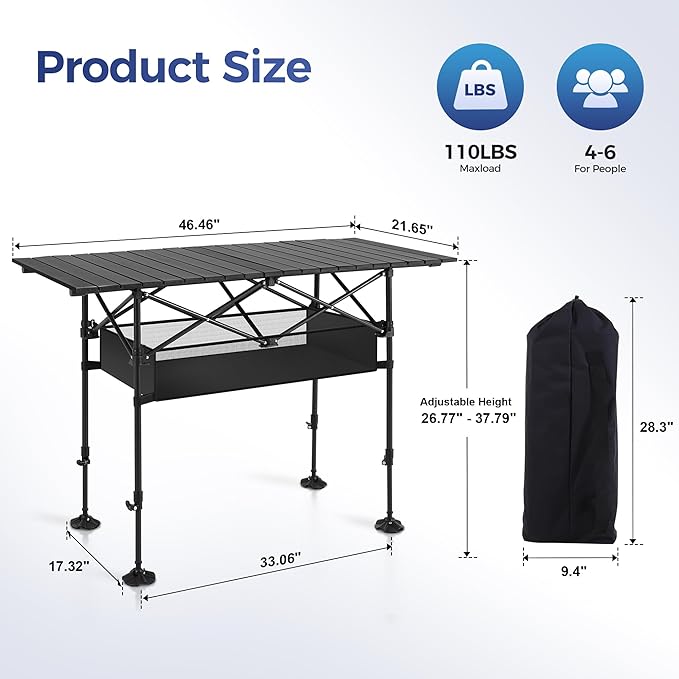ALPHA CAMP Camping Table Outdoor Portable Adjustable Aluminum Table with Storage for Grill Travel Picnic Beach BBQ Backyards