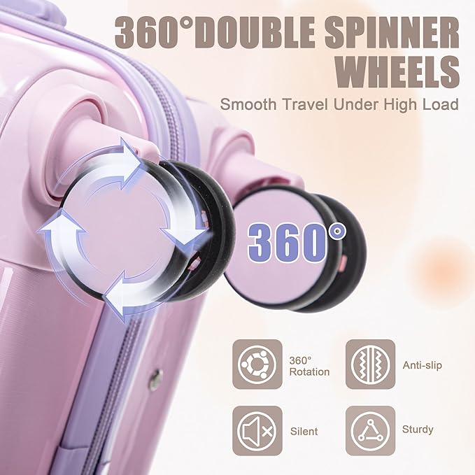 20 Inch Carry on Luggage with 14 Inch Cosmetic Case, 2 Pcs Hardshell Lightweight Durable Spinner Suitcase Set for Travel, Women, Men, TSA Lock, ABS, 20+14 Inch, Pink Purple