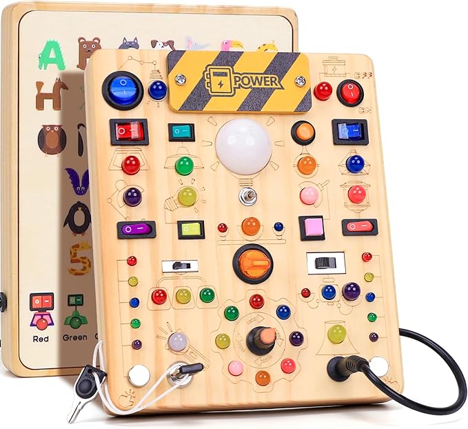 Busy Board with LED Light Switches, Montessori Toys for 1 2 3 Years Old, Toddlers Wooden Toy Sensory Activity Board, Travel Toys for 1+ Year Old Boy & Girl Birthday Gift (19 Switches)