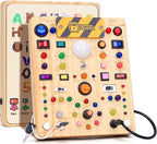 Busy Board with LED Light Switches, Montessori Toys for 1 2 3 Years Old, Toddlers Wooden Toy Sensory Activity Board, Travel Toys for 1+ Year Old Boy & Girl Birthday Gift (19 Switches)
