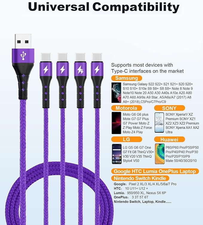SIQIWO Multi USB C Cable Fast Charging, [4FT/2 Pack] QC 3.0(3A) USB C Splitter Cable, 4 in 1 Charger Cord with 4 Type C Ports, for iPhone 17/16/15 Series, iPad Air/Pro, Samsung Galaxy S26, Pixel, PS5