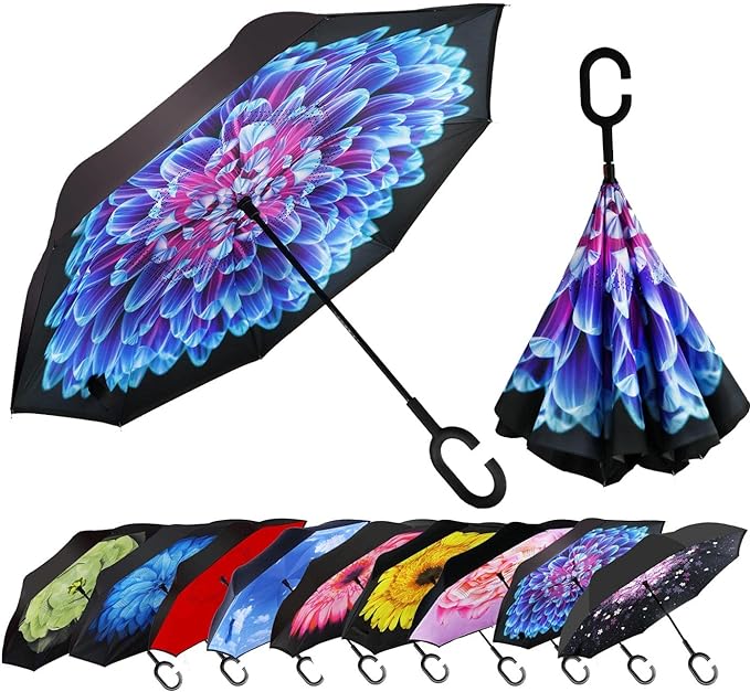 MRTLLOA 40/49/56 Inch Oversize Windproof Inverted Reverse Upside Down Umbrella, Golf Size Rain Umbrella, Double Layer, C-Shaped Handle for Men, Women and Kids