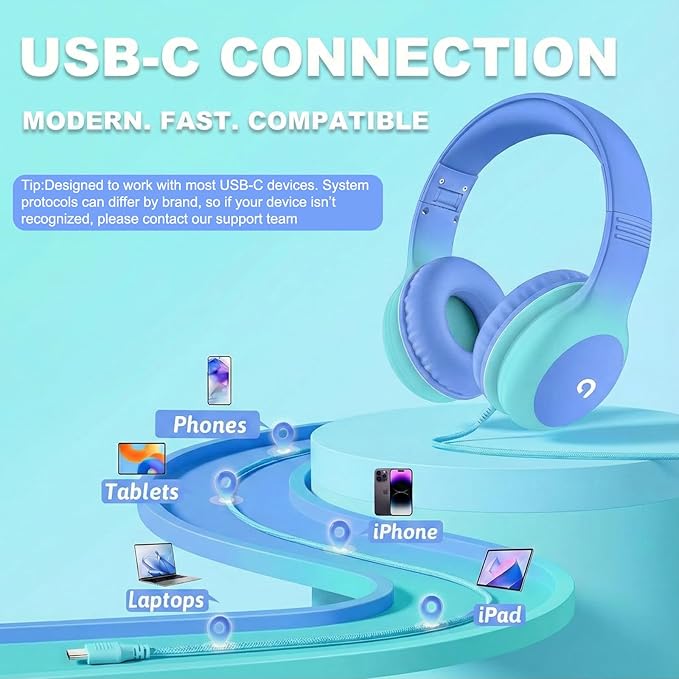 ADOOPE Wired Kids Headphones with USB C Plug, 85dB Safe Volume, Adjustable Headband, Tangle-Free Cord Headphones for School, Tablet, Travel (Sky Blue & Mint Green, Without Microphone)