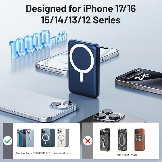 AOGUERBE for MagSafe Portable Charger, 10000mAh Magnetic Power Bank 22.5W Fast Charging, Mini Battery Pack Wireless with LED Display&Foldable Stand for iPhone 17/16/15/14/13/12 Series (Royal Blue)
