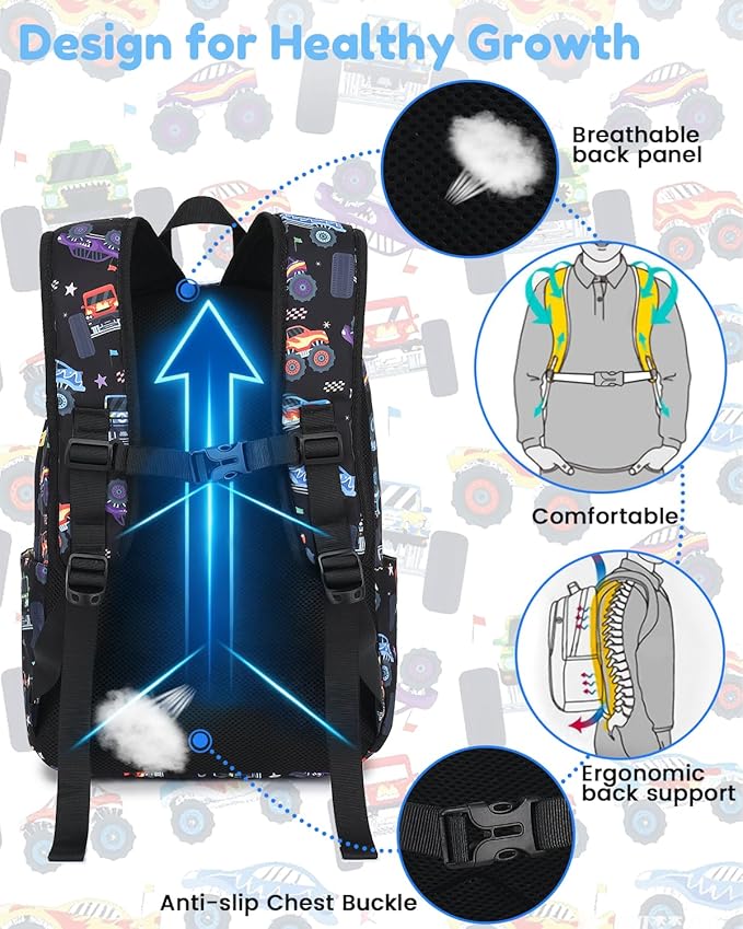 CAMTOP Kids Backpack for Boys, Preschool Toddler Backpack Kindergarten School Bookbag for Age 3-8(Monster Truck)
