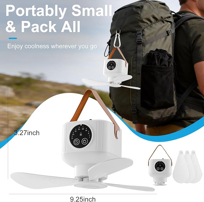 Portable Camping Fan with Lights,LED Hanging Ceiling Fan With Remote&Timer, 9.25" Wireless Rechargeable Tent Fan,4 Speeds&Brightness for Canopy, Beach, RV, Car, Camper,Outdoor,Indoor