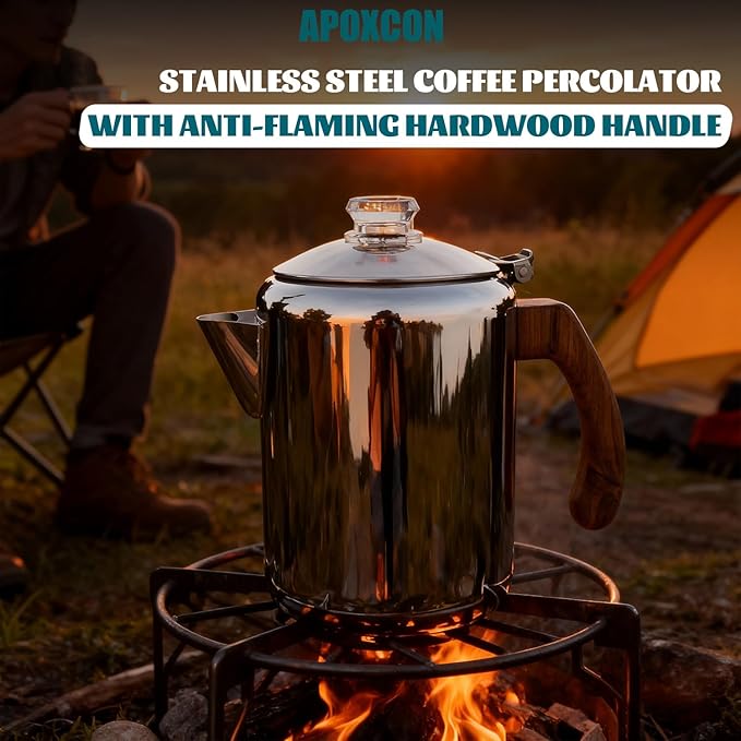 APOXCON Coffee Percolator Pot Stainless Steel Coffee Maker with Tough Glass Knob & Fireproof Solid Wood Handle & Drip-Free Spout Camping Coffee Pot Using on any Stovetop NO Aluminum NO Plastic (8 Cup)