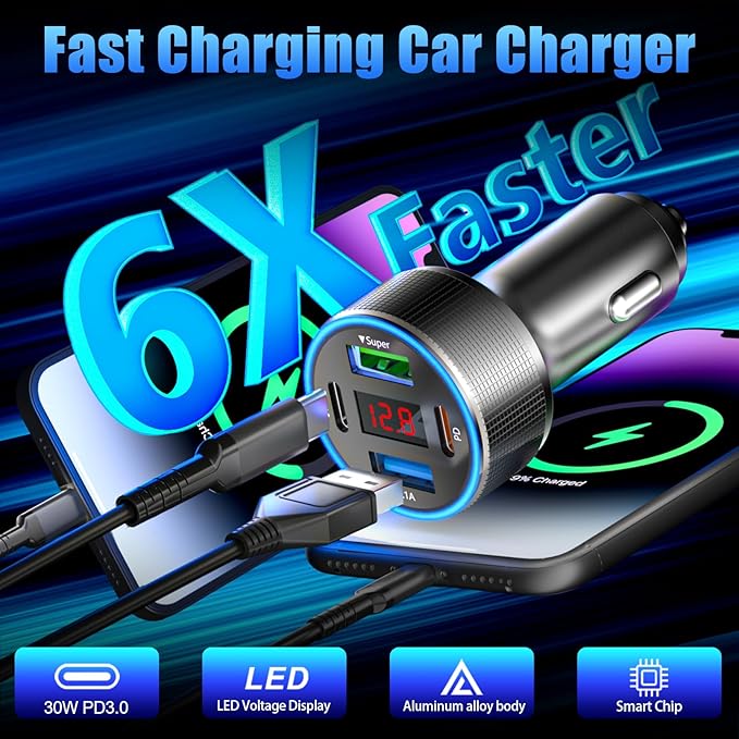 USB C Car Charger, 78W 4 Port Fast Charging Car Phone Charger Adapter with Voltage Monitor, Metal PD PPS Dual USB C Car USB Adapter for iPhone 17 16 15 Pro, iPad, Samsung Glaxy, Android