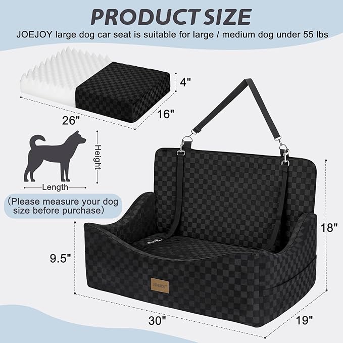 JOEJOY Dog Car Seat for Medium/Large Dogs - Reversible Dual-Sided Travel Dog Car Bed with Memory Foam, Washable Pet Booster Seat for Do gs up to 55 lbs or 2 Small Dogs, 2 Safety Leashes, Black