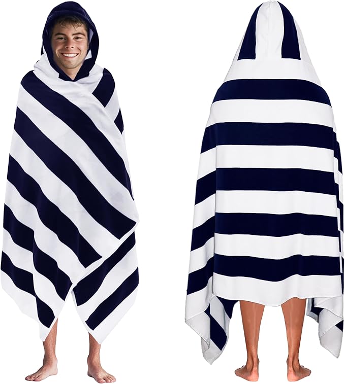 COTTON CRAFT Hooded Beach Towel - Oversized XXL 35x84 Towel with Hood for Adults - The Big Kahuna 7 Foot Beach Blanket Towel - Big & Tall Soft 100% Cotton Velour - Pool Bath Wrap - Cabana Stripe Navy