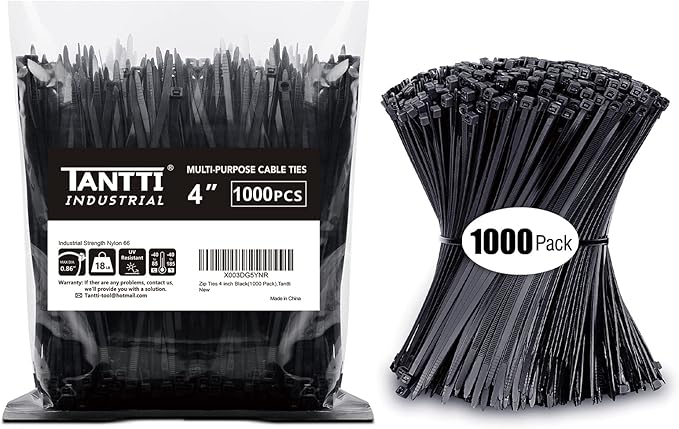 Zip Ties 4 inch, Small Zip Ties with 18 lb Tensile Strength, Black, 1000 Pack, by Tantti Supply
