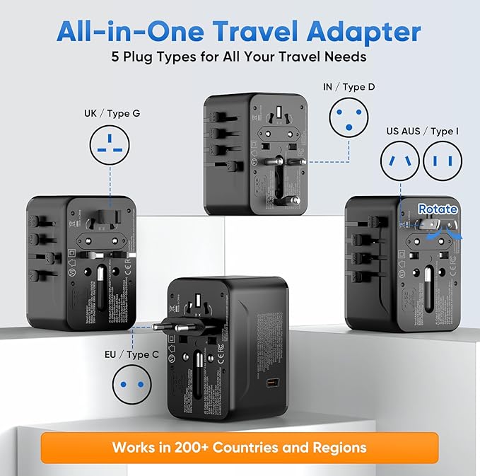 Universal Travel Adapter - 6 in 1 International Plug Adapter with Fuse Auto-Resetting, USB-C PD Fast Charging Worldwide Power Outlet for USA to European UK AUS India, Type C/G/D/I/A, Black