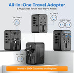 Universal Travel Adapter - 6 in 1 International Plug Adapter with Fuse Auto-Resetting, USB-C PD Fast Charging Worldwide Power Outlet for USA to European UK AUS India, Type C/G/D/I/A, Black