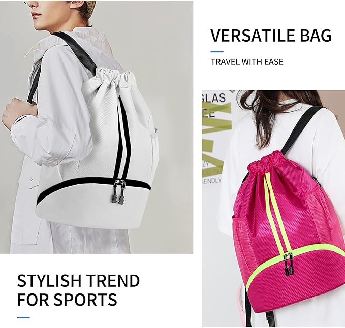 JELUTAR Drawstring Backpack Gym Bag with Shoes Compartment for Soccer, Basketball, Swim, Water-Resistant String Backpack Beach Cinch for Women Men, White