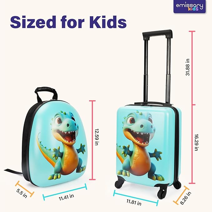 emissary Kids Luggage with Wheels, Hardside Toddler Carry On Suitcase Set, Lightweight Rolling Travel Bag for Boys and Girls, Airline Approved Travel Gifts - Blue Dinosaur