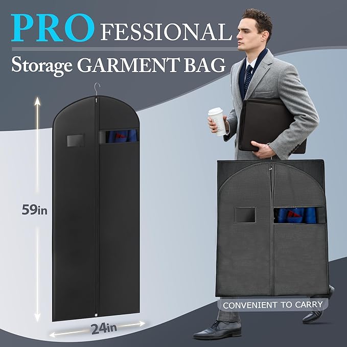 Hleelomi 60-inch Garment Bags for Travel, Garment Bags for Hanging Clothes with Zipper and Visible Transparent Window, 2 Pack，Black