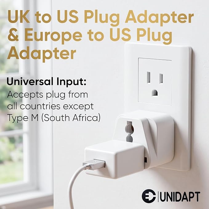 Unidapt US Travel Plug Adapters - UK India EU to US Pin Converter, 3-Pack American Power Plug Adapter, Europe to USA Canada Mexico, Safe Grounded Type B Outlet, 2 in 1 Universal Input Wall Socket