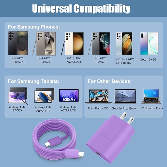 25W Super Fast Charging Cord Type C Block &10Ft USB C Android Phone Charger Cable for Samsung Galaxy S26/S25/S24 Ultra/S24/S24+/S23 Ultra/S23/S23+/S22/S22 Ultra/S22+/S21Ultra/S20 Ultra/Note 20/10
