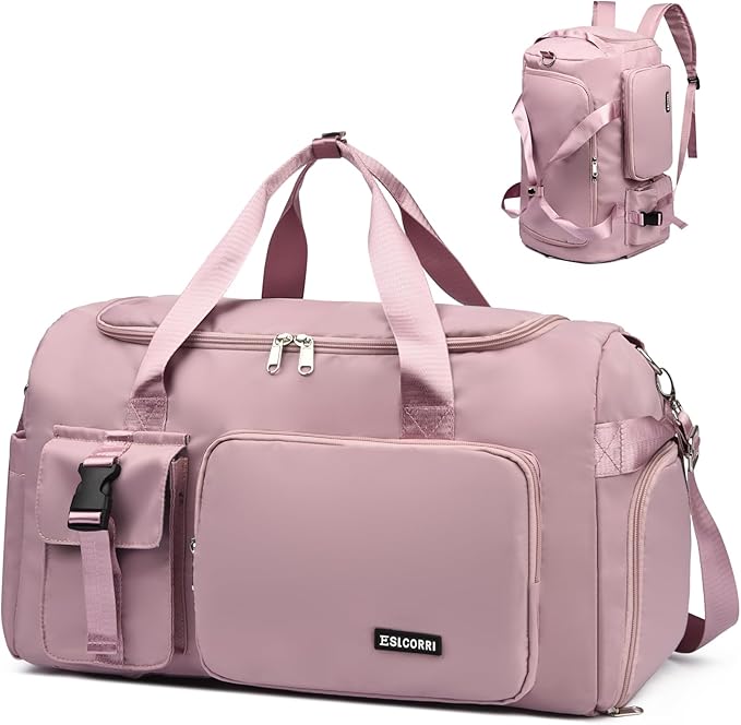 Eslcorri Gym Duffle Bag for Women Men, Sports Backpack with Wet & Shoe Compartment, Fitness Overnight Weekender Bag for Yoga, Swim, Travel (Style B, DarkPink)
