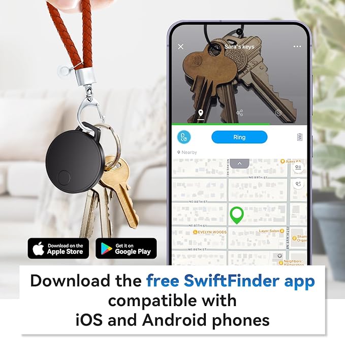 Keys Finder, Bluetooth Tracker and Item Locator for Keys, Bags, and More; Phone Finder, Android and iOS Compatible, Water Resistance, Replaceable Battery