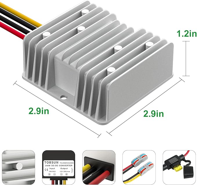 20A 240W DC 18V 20V 24V 36V 48V to 12V Voltage Converter with Fuse Step Down Regulator Buck Reducer Power Converter Waterproof Transformer for Golf Cart(Inputs 18V-60V to 12V 20A)