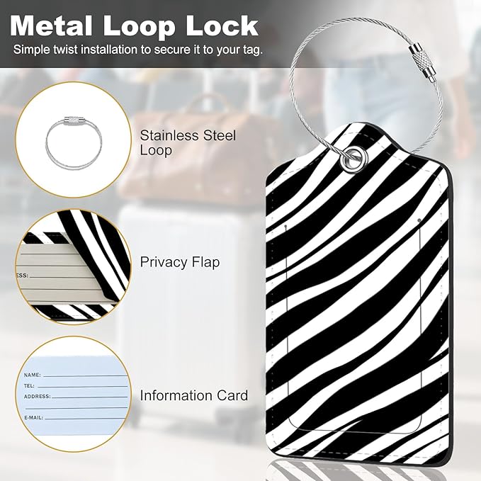 2Pack Luggage Tags for Suitcases, Cute Unique Pu Leather Cruise Luggage Tag with Privacy Cover ID Label Address Card and Metal Ring Suitable for Women Men Kids Travel Bag Black and white lines