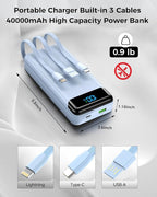 Portable Charger 40000mAh Power Bank - PD 22.5W Fast Charging Battery Pack, Built-in Cable Phone Charger 4 Output 3 Input, Compatible with iPhone 16 15 14 13 Android Samsung(Blue)