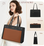 RAINSMORE Laptop Bag for Women 15.6 Inch PU Vegan Leather Work Tote Bag Waterproof Womens Briefcase Designer Computer Bags for Office Teacher College Travel Large Tote Purse Professional Black & Brown