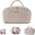 LOVEVOOK Travel Makeup Bag for Women, 2Pcs Puffer Waterproof Cosmetic Organizer, Large Capacity Pouch Open Flat Small Toiletry Bag with Brush Compartment & Handle (Light khaki, Medium)
