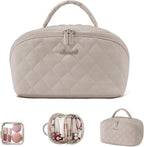 LOVEVOOK Travel Makeup Bag for Women, 2Pcs Puffer Waterproof Cosmetic Organizer, Large Capacity Pouch Open Flat Small Toiletry Bag with Brush Compartment & Handle (Light khaki, Medium)
