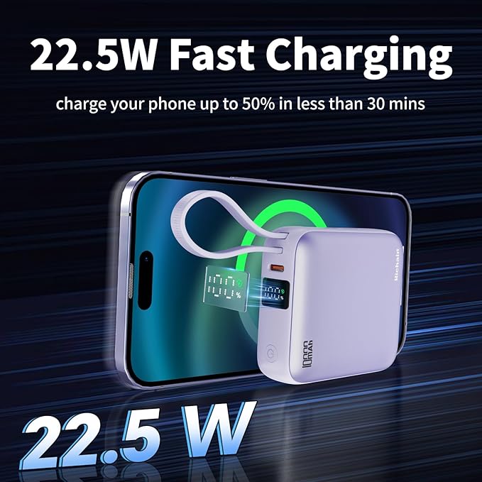 Hichain Small Portable Charger with Built in Cables LED Display, Mini Power Bank 10000mAh 22.5W USB-C Fast Charging Battery Pack, Travel Essential Power Bank for iPhone, iPad, Samsung, Android Purple