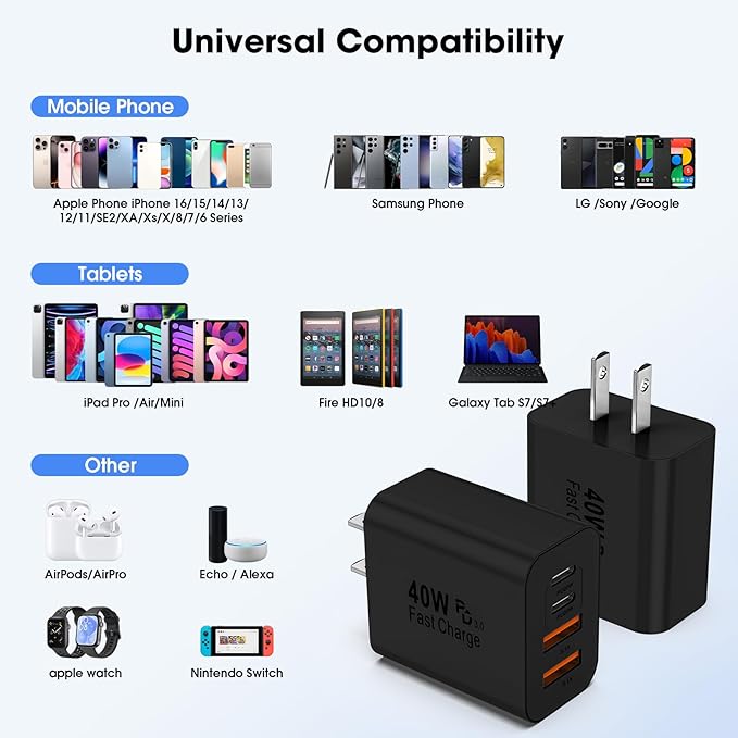 USB C Charger Block, 2 Pack 40W 4-Port iPhone Charger Fast Charging Multiport PD 3.0 & QC 4.0 Double Quick Charge, Compatible with iPhone 17/16/15/14/13/12/11，Pro Max，iPad, Samsung (2, Black)