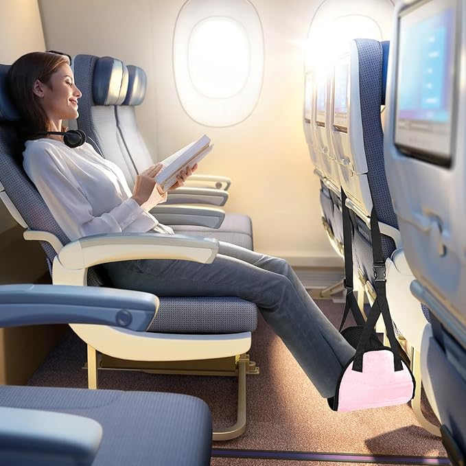 Airplane Foot Rest (Travel Comfortably), Pink Nylon Foot Hammock with Adjustable Metal Frame, Perfect for Airplane, Train, or Office Use