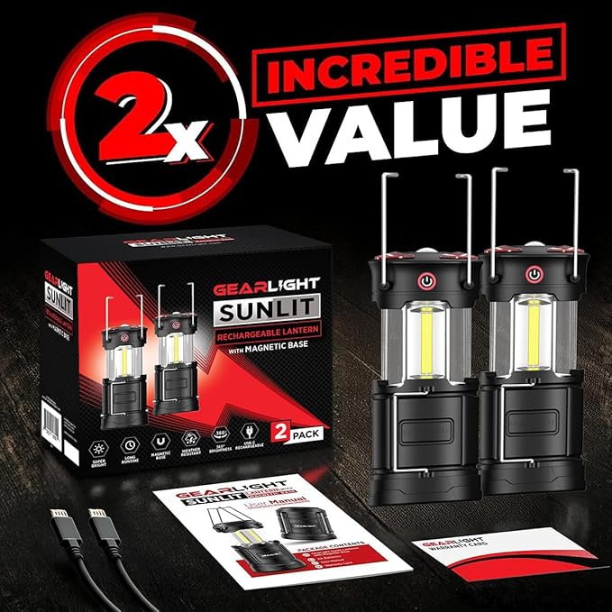 GearLight Rechargeable Camping Lantern - 2 Portable LED Lanterns with Magnetic Base and Foldable Hook for Emergency Use or Campsites, Essential Hurricane Survival Kit - Black
