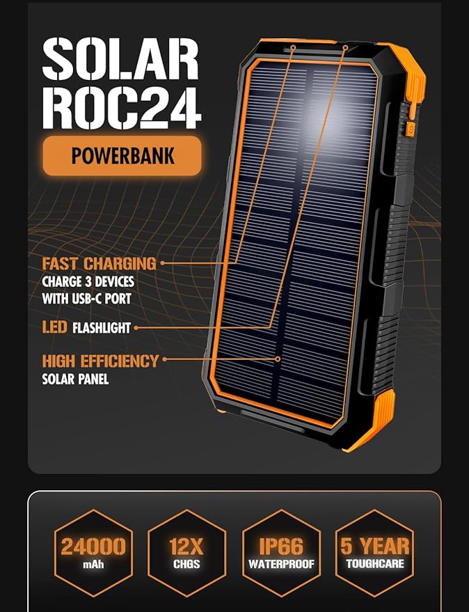 ToughTested 24000mAh Solar Power Bank Portable Charger, Fast Charging External Battery Pack with LED Flashlight, IP66 Waterproof, Dustproof, Shockproof USB-C Power Bank for Camping, Travel & Emergency
