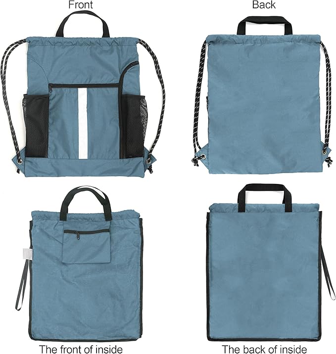 BeeGreen Blue Sport Cinch Bag String Backpack with Shoe Compartment and Two Side Mesh Pockets Machine Washable Sturdy Gymsack Drawstring Sackpack