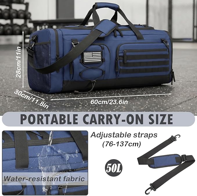 Gym Bag for Men and Women, 50L Extra Large Duffle Bag, 3-in-1 Travel Sports Duffel Bags with Shoe & Laptop Compartment for Overnight Weekender Gym Traveling Workout Deployment, Black+ Blue