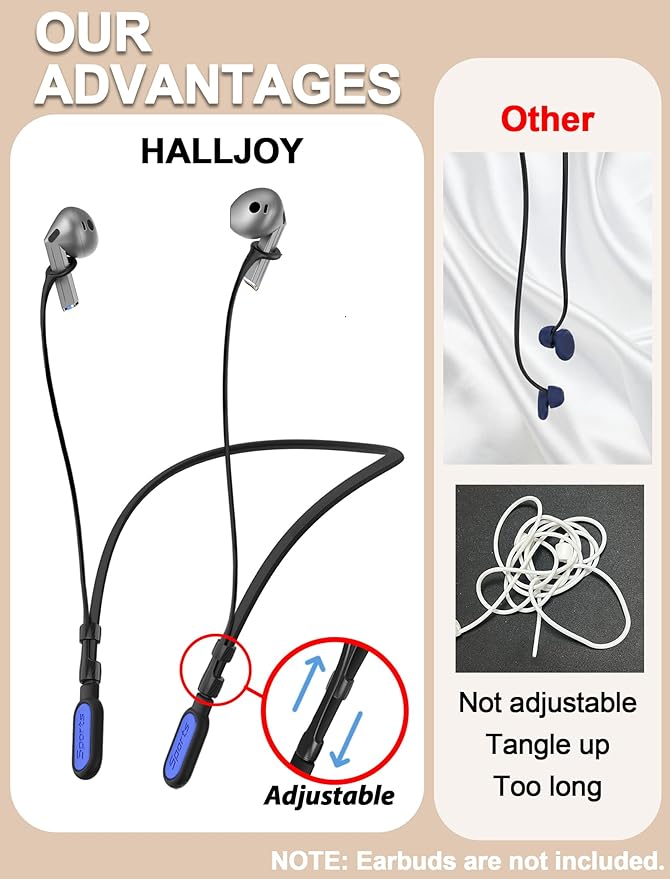 HALLJOY for Galaxy Buds 4/4 Pro/Buds 3/3 Pro Strap Neckband, Anti-Lost Accessories, Support Volume Control, Ergonomic Design, Fit Airpods Pro 3/2/1, Airpods 4, 3, 2, 1, Black Band/DarkBlue Tip
