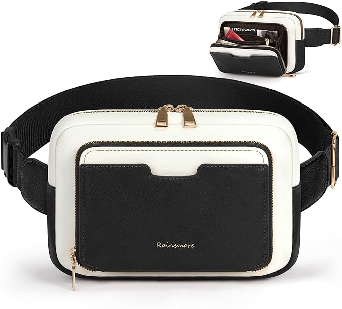 RAINSMORE Fanny Packs for Women, Leather Belt Bag Waterproof Everywhere Crossbody Waist Pack with Adjustable Strap Retro Sling Chest Bag for Work Running Travel Party, Black with White
