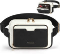 RAINSMORE Fanny Packs for Women, Leather Belt Bag Waterproof Everywhere Crossbody Waist Pack with Adjustable Strap Retro Sling Chest Bag for Work Running Travel Party, Black with White