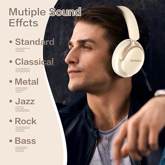 B8 Bluetooth Headphones Over Ear, 6 EQ Music Modes and 50H Playtime Deep Bass Wireless Headphones with Mic, Lightweight Folding HiFi Stereo Headset for iPad/Travel/Tablet/PC/Home Beige White