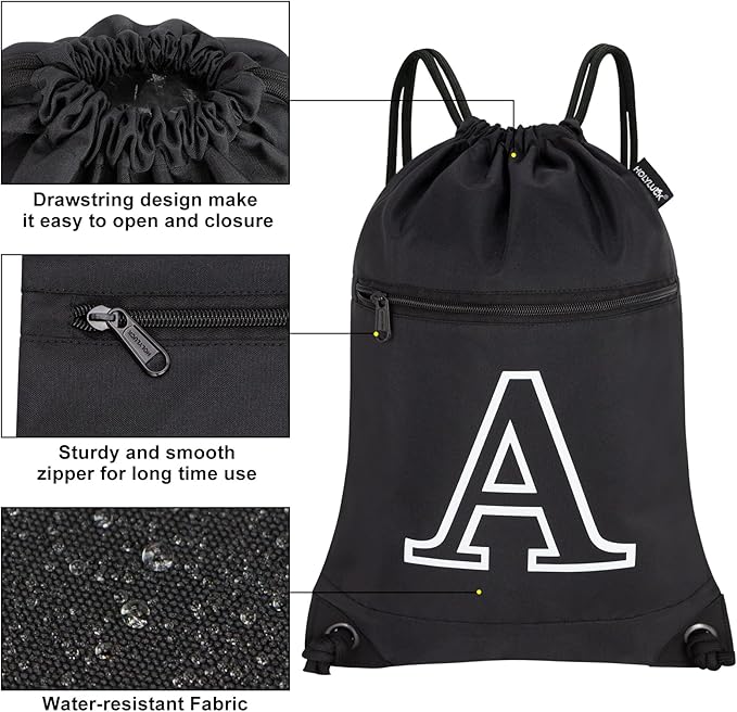 HOLYLUCK Drawstring Bags Initial Backpack Sackpack Cinch Bags for Sports, Gym, Travel, Beach, Letter (Black-A)